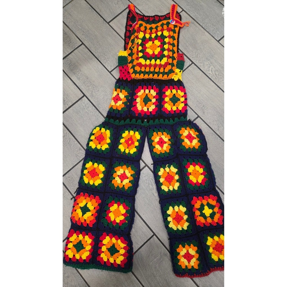 Handmade Crochet Granny Square Overalls Rainbow Boho Wide Leg Jumpsuit Bib Front